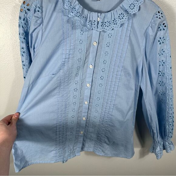 J. Crew Blue Eyelet-Trim Button-Up Shirt Size XS Cottagecore Prairie Feminine - Picture 7 of 15